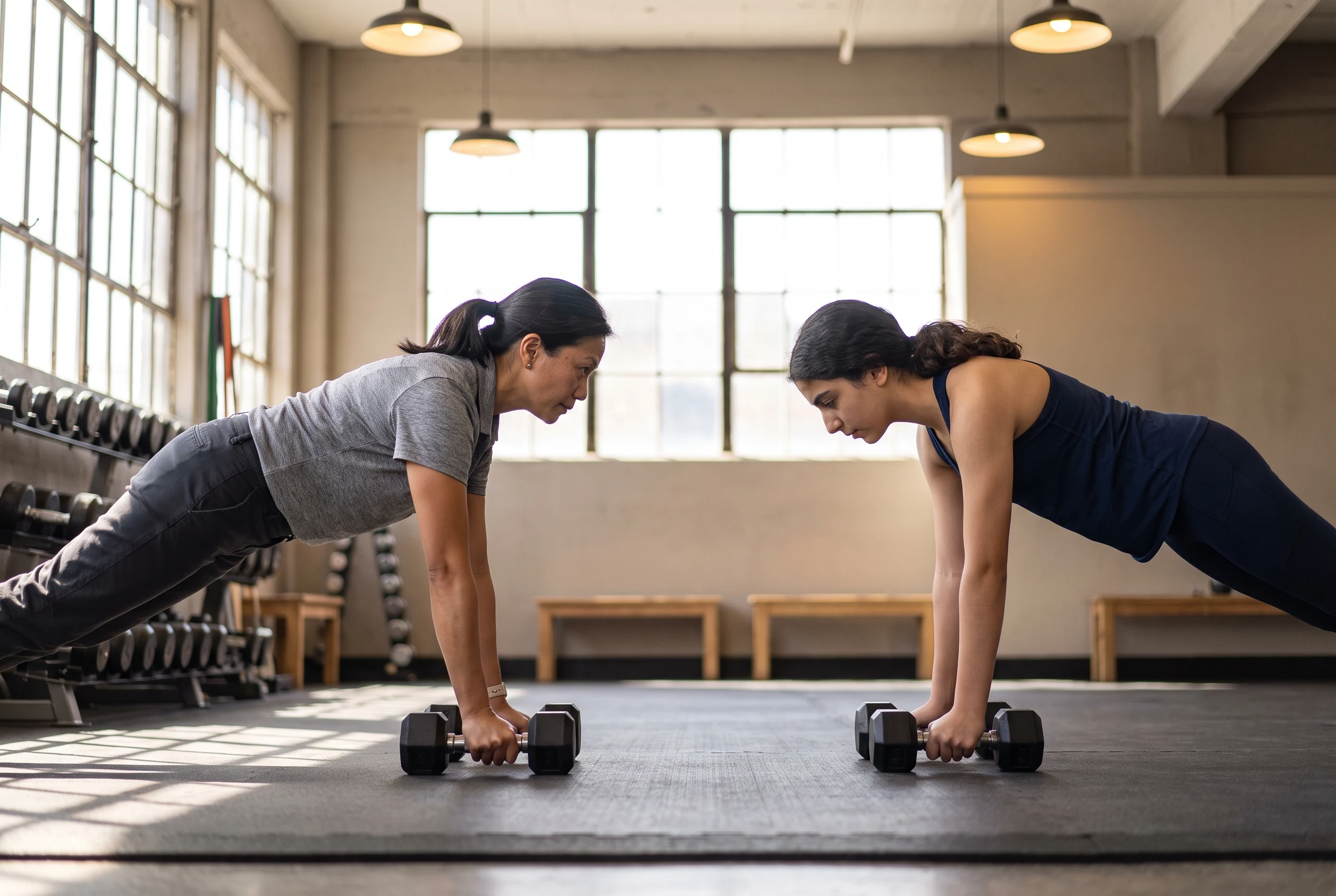 Two clients training together with dumbbells in the gym